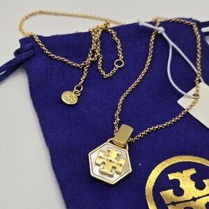 NEW Tory Burch Gold Mother of Pearl Hexagon Pendant Necklace Logo White Classic